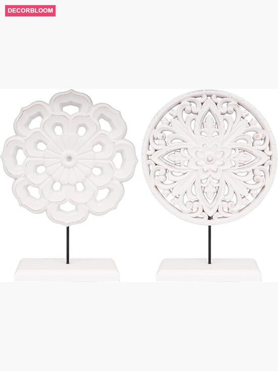Other - Set of 2 Wooden Carved Cutout Flower Medallion Sculptures